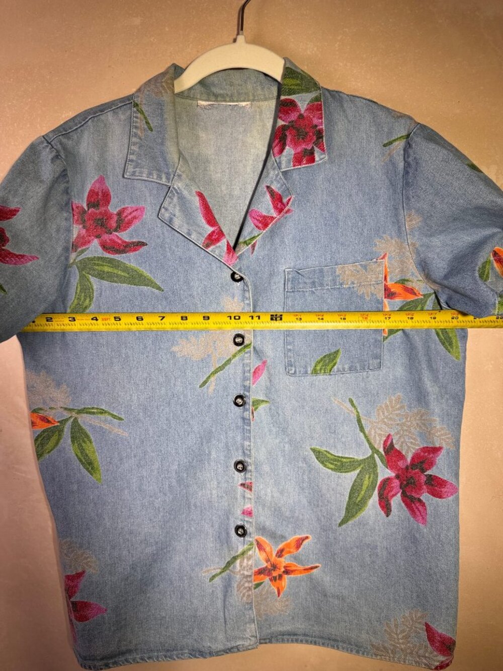 Tropical Floral Chambray Denim Camp Shirt Boxy M - Picture 4 of 11
